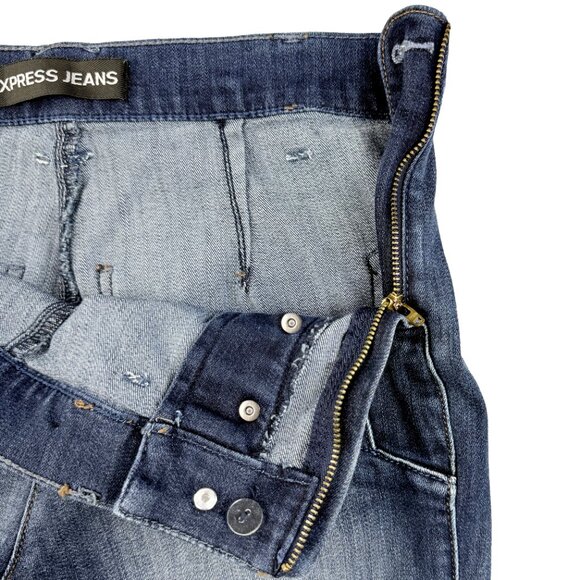 EXPRESS Bell Flare Mid Rise Blue Jeans Size 4 Nautical Button Stretch Denim - Picture 6 of 13